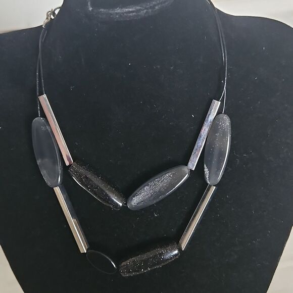 Elegant Black and Silver Layered Choker Necklace - Picture 2 of 16